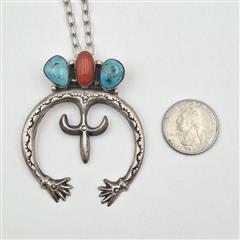 Vintage Old Pawn 925 Sterling Silver Turquoise & Coral Squash Blossom Pendant